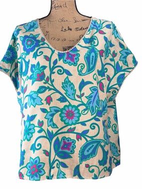 Emily Daniels  Floral Short-Sleeve Blouse - Blue & Turquoise on Cream EC Size XL